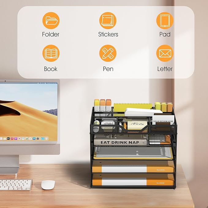 5 Tier Paper Letter Tray with 3 Drop-in Pen Holders, Mesh Desk File Organizer with Handle, Desk Organizers and Accessories for School,Home, Office Supplies Storage-Black