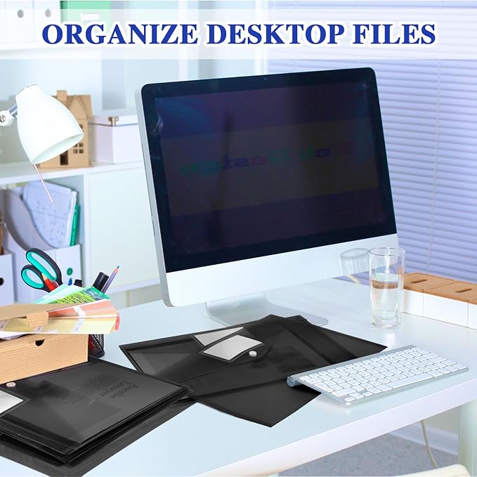 Yeaqee 50 Pcs Plastic Envelopes Poly Envelopes File Folders with Snap Button Closure Clear Folders for Documents US Letter A4 Size Filing Holder with Label Pocket for Home Office School(Black)