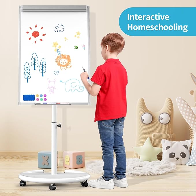 Mobile Dry Erase Board 40 x 28 inch, Magnetic Whiteboard on Height Adjustable Stand Dry Erase Easel Board with Flipchart Pad