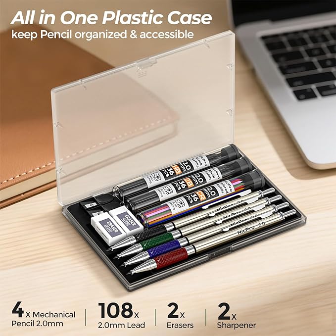 Nicpro 4 PCS Premium 2.0 mm Mechanical Pencils Set, 108 Colored & Black (HB 2B) Lead Refills, Art Metal 2mm Carpenter Pencil with 2 Erasers, 2 Sharpeners for Drafting Sketching Drawing with Case