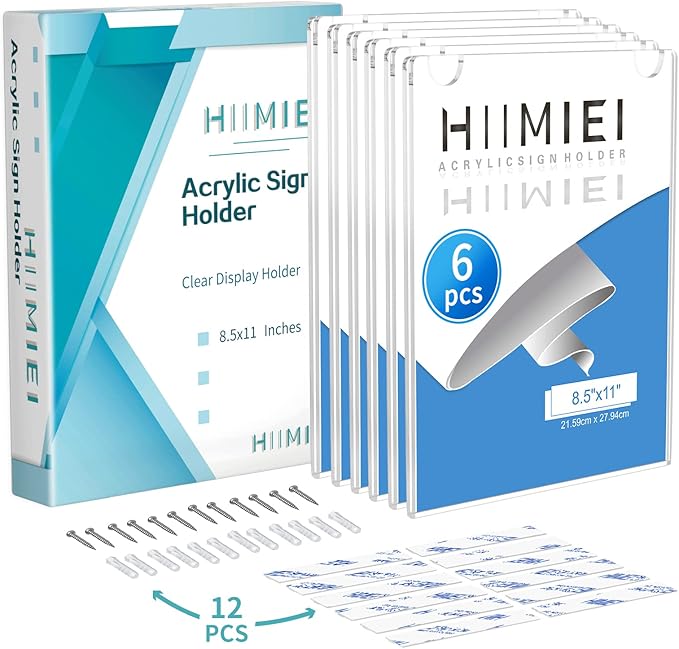 HIIMIEI Wall Mount Acrylic Sign Holder 8.5'' x 11'', Clear Plexi Door Sign Holder Document Holder Plastic Picture Frames with All Mounting Accessories(6 Pack)