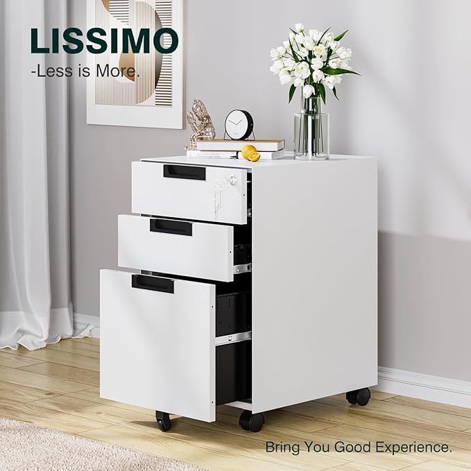 Mobile File Cabinet,3 Drawer Locking Storage Filing Cabinet,Office Metal Storage Cabinet on Wheels for Legal/Letter/A4 File(Fully Assembled,White)