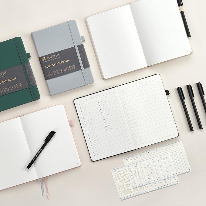 &And Per Se Bullet Dotted Journal Notebook, A5 Leather Hardcover, 176 Numbered Pages 100GSM Thick Dotted Paper, 2 Sheets of Stencils Included - 5.7'' x 8'' (Lavender)