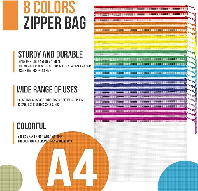 24pcs Mesh Zipper Pouch File Bags Puzzle Storage Bags, A4 13x9 Inches Large Reusable Zipper Pouches for Organizing Classroom Board Game Organization