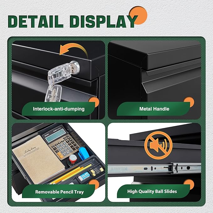 Letaya 3 Drawer Mobile File Cabinet with Lock,Under Desk Metal Filing Cabinets for Home Office Organizer Letters/Legal/A4((Fully Assembled-Black)