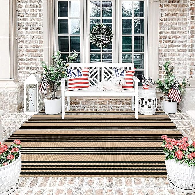 KIMODE Indoor Outdoor Rug 4'x6',Washable Reversible Black and Khaki Striped Rug,Cotton Hand Woven Patio Rug Floor Carpet, Farmhouse Decor Porch Rug for Outdoor Backyard Living Room