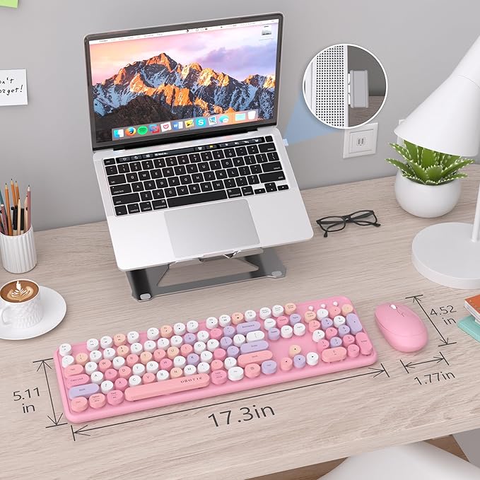 UBOTIE Colorful Computer Wireless Keyboard Mice Combo, Retro Typewriter Flexible Keys Office Full-Sized Keyboard, 2.4GHz Dropout-Free Connection and Optical Mouse (Pink-Colorful)
