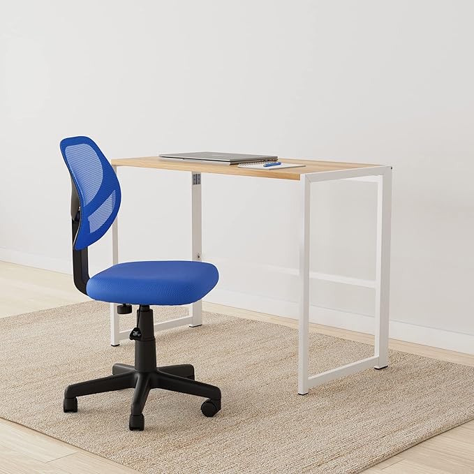Amazon Basics Rolling Desk Chair, Adjustable, Low Back, Padded Seat, Breathable Mesh, Swivel, Blue, 21.25" D x 22.5" W x 38" H