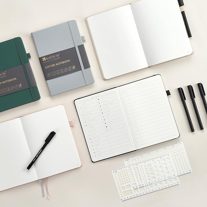 &And Per Se Bullet Dotted Journal Notebook, A5 Leather Hardcover, 176 Numbered Pages 100GSM Thick Dotted Paper, 2 Sheets of Stencils Included - 5.7'' x 8'' (Grey)