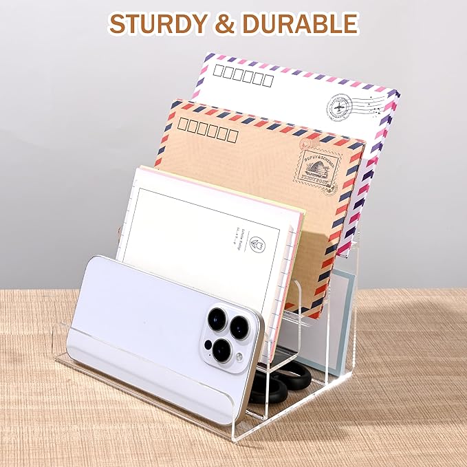Mail Organizer Countertop, 4 Tier Clear Acrylic Mail Holder, Small Desk File Storage Holders for Bill, Envelope, Letter Sorter