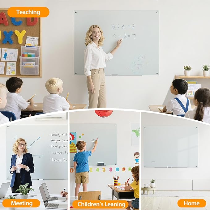 VUSIGN Magnetic Glass Whiteboard Set, 36" x 48" Wall Mounted Whiteboard with Magnetism, Large Frameless Dry Erase Board, Includes 4 Magnets, 2 Markers, and 1 Eraser for Classroom, Home, Office