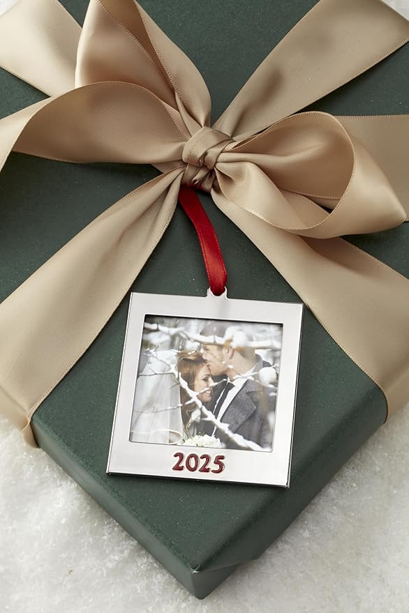 Lenox Ornament, 2025 Frame Silverplate Ornament, Tree Decorations, Red Ribbon for Hanging, Christmas Decor, Tree Decor, Family Picture Ornaments, Christmas Decoration (Silver, 1 Piece, 2.5x2.75-Inch)