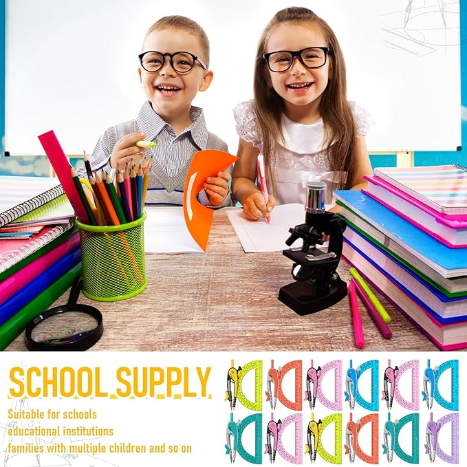 Chengu 12 Set Compass and Protractor Set, Multicolor Compass Geometry Tool 6 Inch 180 Degree Translucent Protractors for Geometry, Math Graphing Drawing Tools for Office and School Supplies