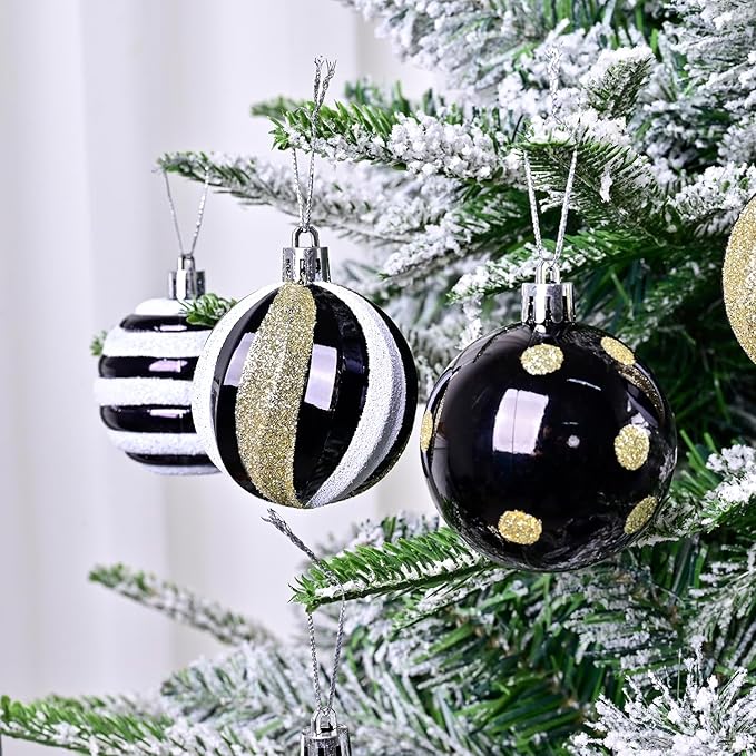 Christmas Tree Ball Ornaments 20ct Set, 2.36 Inch Black Gold White Classic Christmas Decorations, Shatterproof Hanging Ornaments for Xmas Holiday Decoration