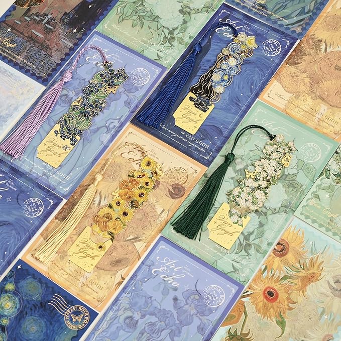 4 Pieces Metal Bookmarks with Tassel, Golden Hollow Bookmark Monet Oil Painting Theme Book Mark Bookmarks for Book Lovers Writers Readers Children Teens for Women Adults Teen