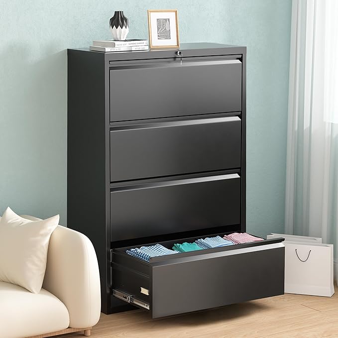 Pataku 4 Drawer File Cabinet with Lock, Metal Lateral File Cabinets for Home Office 4 Drawer, Locking Filling Cabinets for Hanging Files Letter/Legal/F4/A4 Size (Blcak)