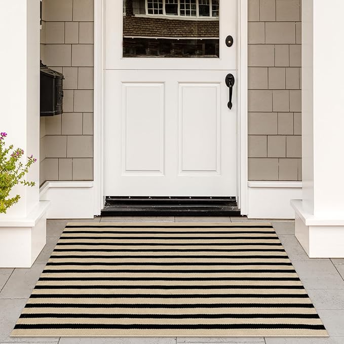 KIMODE Black and Khaki Striped Outdoor Rug 3'x 5', Washable Reversible Striped Outdoor Patio Rugs, Cotton Hand-Woven Farmhouse Welcome Layered Door Mats for Front Door, Entryway, Porch Decor