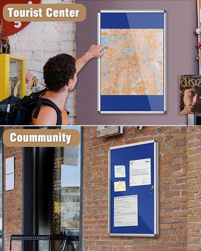 36"x24" Enclosed Bulletin Board, Lockable Weather-Resistant Aluminum Cork Noticeboard for School & Office, Silver Frame w/Blue Flet