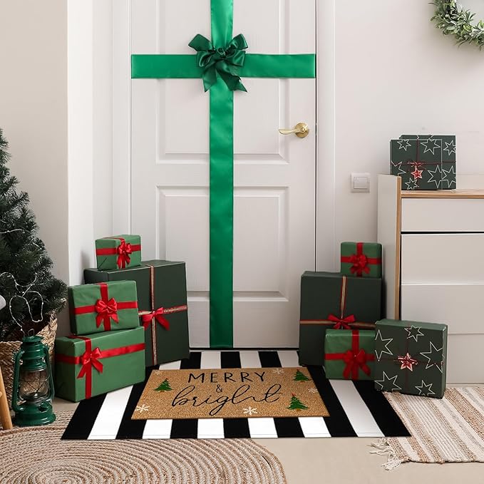 2 Pcs Christmas Door Mat Outdoor Merry Christmas Nature Coir Welcome Outdoor Rug Black White Stripe Xmas Front Porch Rugs Non Slip Floor Mats Indoor Entrance Decor