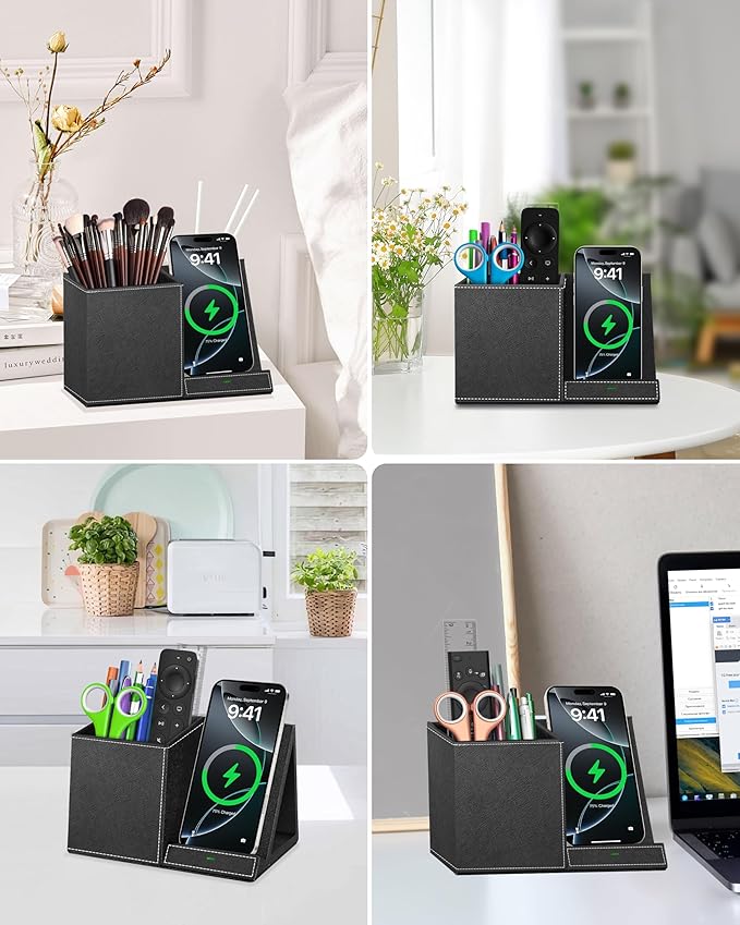 Pen Holder with Wireless Charger, PU Leather Pencil Holder for Desk, Multi-Functional Desktop Organizer, Desk Organizers and Accessories for Home School Office Supplies, Black