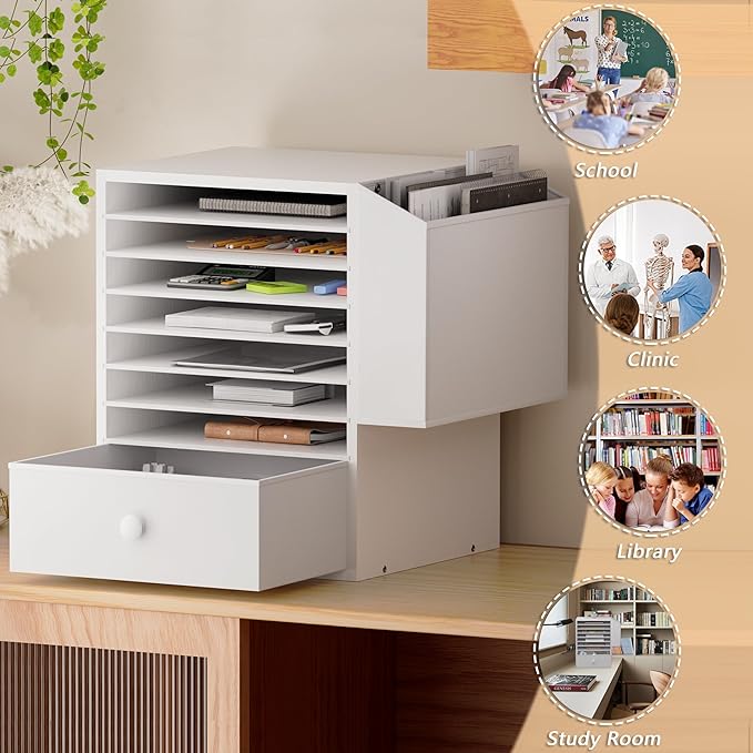 7 Tier Adjustable Countertop Mail Sorter with Drawer, Office Mailboxes With Name Slots, 12 X 12 Paper Storage Slot, Office Desk File Organizer, Wooden Desktop Mailbox For Classroom, White