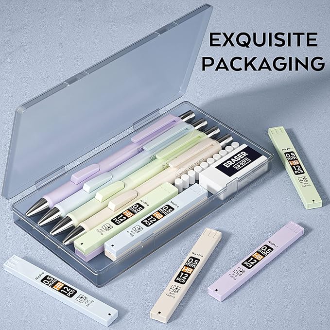 Nicpro 4PCS Pastel Mechanical Pencil 0.5mm, Cute Fast Click Mechanical Pencils Set with 100PCS HB Lead Refills, Erasers and Eraser Refills, Aesthetic School Supplies for Writing, Drawing, Sketching