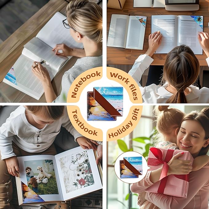 4 Pieces Leather Bookmarks, Cute Book Accessories for Reading Lovers, Page Markers for Women Men Kids Students Teachers Retirement Birthday Gift (Beach)