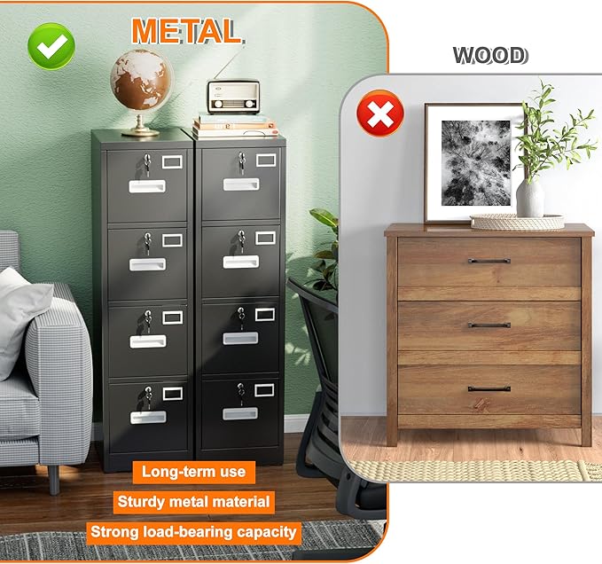 4 Drawer Metal Vertical File Cabinet with 4 Independent Locks, Home Office File Cabinet with Card Holder for Letter/Legal/A4 Folders, Black Filing Cabinet, Assembly Required, 4 Drawers