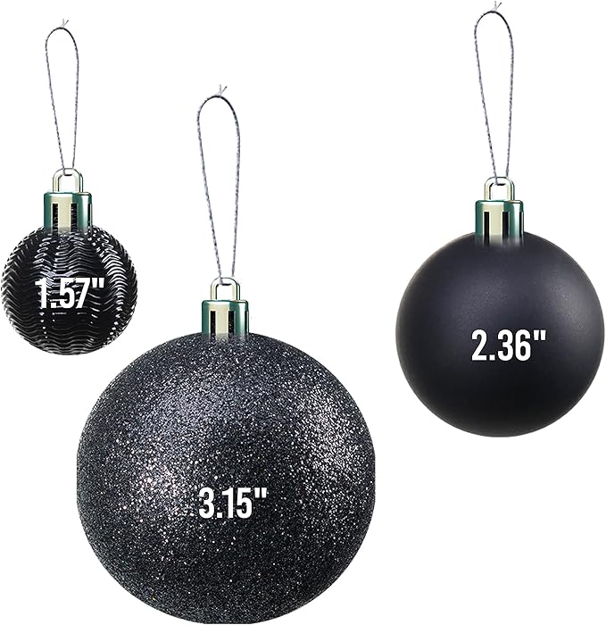 PREXTEX 36 Piece Christmas Ornaments Set - Black Shatterproof Balls in 6 Styles and 3 Sizes with Hanging Loops - Elegant Christmas Tree Decorations for Indoor and Outdoor Black Xmas Tree Display