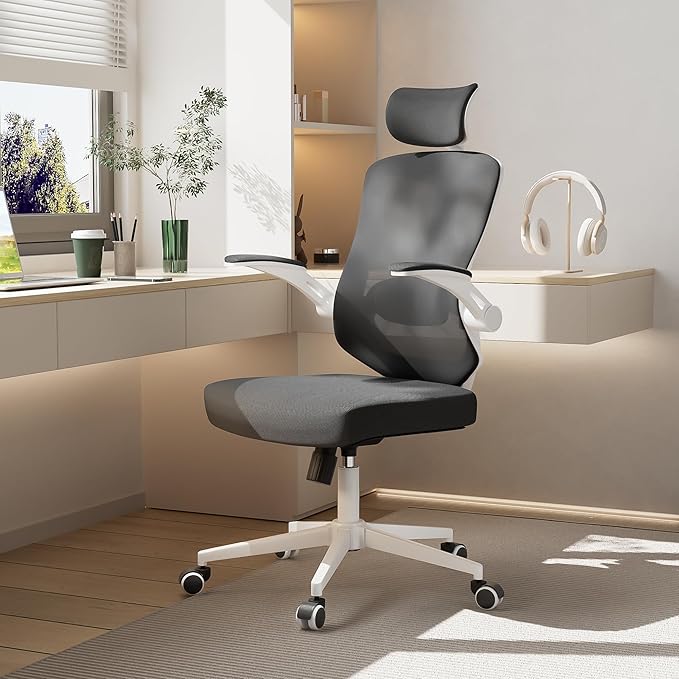 Office Desk Chair, High Back Ergonomic Comfy Offiec Chairs, Computer Mesh Chair with Folding Arms, Adjustable Headrest, Capacity 350LBS, Lumbar Support
