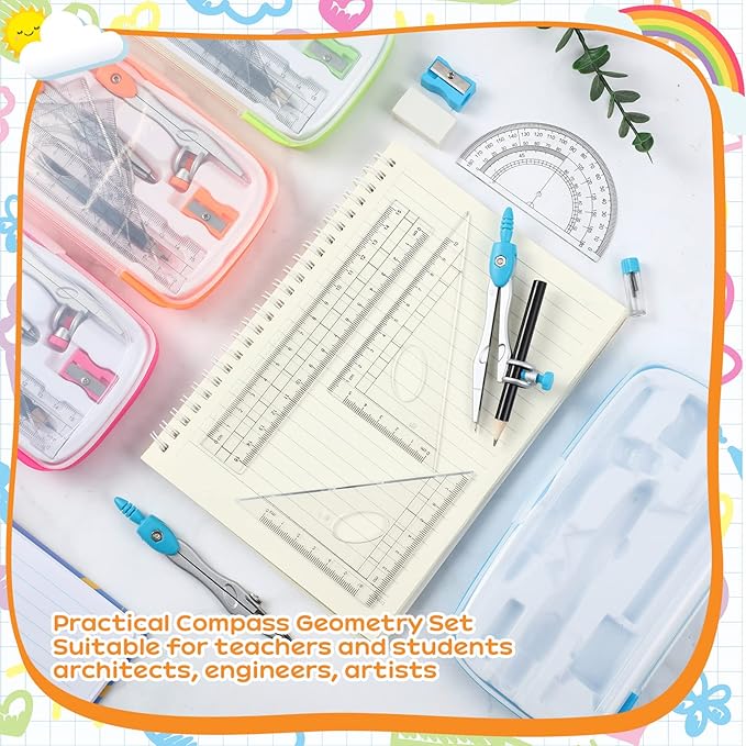 Teling 12 Sets Math Geometry Kit for Students 10 Pcs Compass Geometry Tools Set Includes Rulers Protractor Compass Eraser Pencil Sharpener Lead Refills Pencil (Colorful)