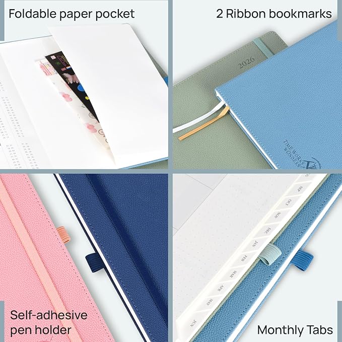 POPRUN 2026 Weekly & Monthly Planner Calendar, 8.5" x 10.5" Large, Horizontal Layout with Lined Sections, Jan. 2026 - Dec. 2026, Leather Hardcover, 100GSM Paper, Inner Pocket- Soft Pink