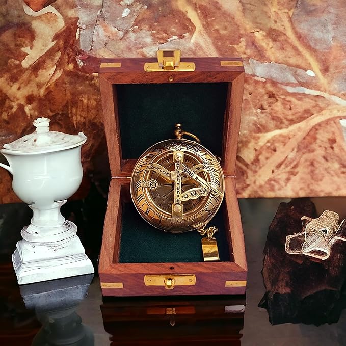 Vintage Brass Sundial Compass with Wooden Box - Antique Brass & Copper Sun Clock for Camping, Hiking, Touring - Engraved Gift for Him - Nautical Ship Replica Watch - Sundial Clock in Box