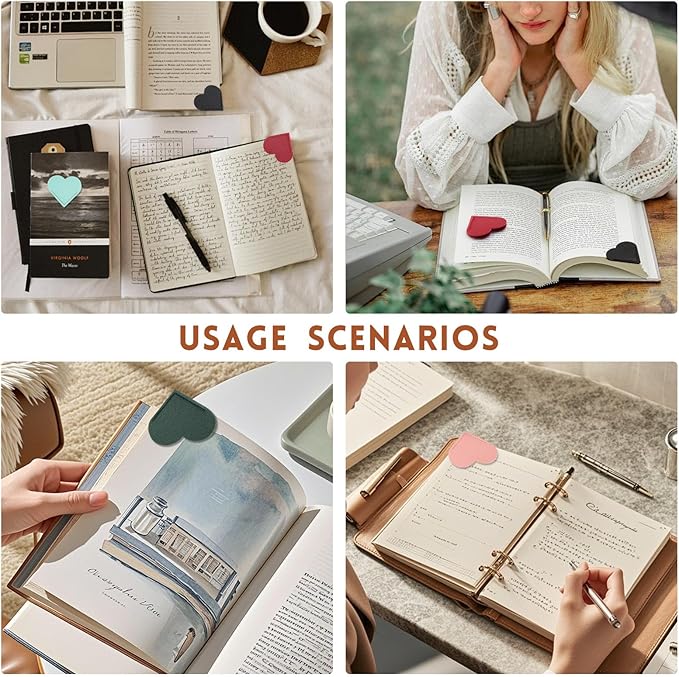 6 Pcs Leather Heart Bookmarks, Bookmarks for Women, Cute Heart Bookmark Corner, Book Marks for Teachers Students School Office Home Supplies