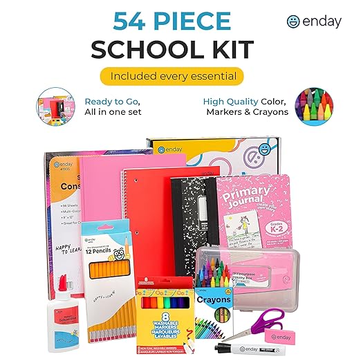 Enday 1st Grade and Kindergarten School Supplies Kit - 54 Piece Back to School Supplies Kit, Premium Quality Kids School Supplies for Girls & Boys, Kindergarten & First Grade School Supplies for Kids