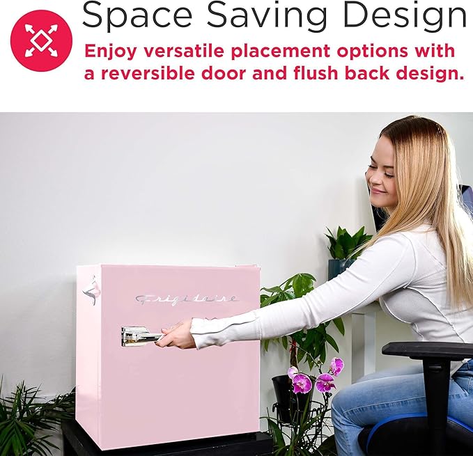 Frigidaire EFR176 Retro Compact Fridge with Chiller Mini Refrigerator with Built-in Bottle Opener for Office, Bedroom, Dorm Room or Cabin, 1.6 cu ft 16" D x 18" W x 18.5" H, Pink