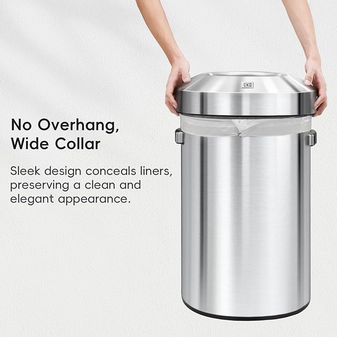 EKO 16-Gallon Round Stainless Steel Open Top Trash Can, Large Commercial Waste Bin with Detachable Lid and Carrying Handle, Brushed Metal Garbage Bin for Home, Office, Restaurant, Restroom