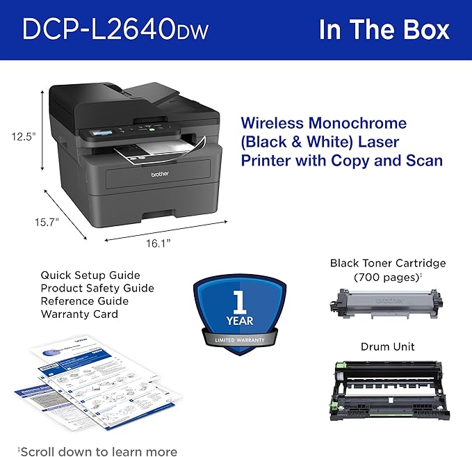 Brother DCP-L2640DW Wireless Compact Monochrome Multi-Function Laser Printer with Copy and Scan, Duplex, Black & White Output | Includes Refresh Subscription Trial(1), (Renewed Premium)