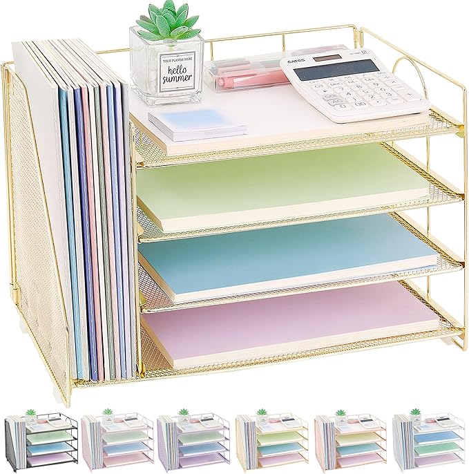 OPNICE 4-Tier Paper Organizer with Magazine Holder, Desk Organizers and Accessories, Office Desk Accessories & Workspace Organizers, Desktop File Organizer for Office Supplies Storage, Gold
