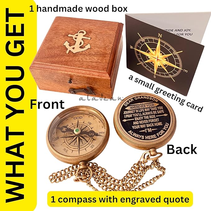 Gift for Grandson Brass Compass Engraved Quote | Memory Present to My Grandson Birthday, Baptism, Graduation, Confirmation, Love, Gift idea by Grandpa Grandma
