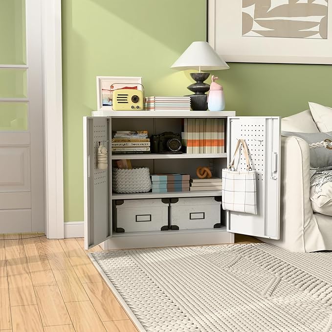 Aobabo 31.5" H Small Garage Storage Cabinet with Pegboard,Lockable File Storage Cabinet with 2 Adjustable Shelves for Garage, Office, School, Assembly Require, White