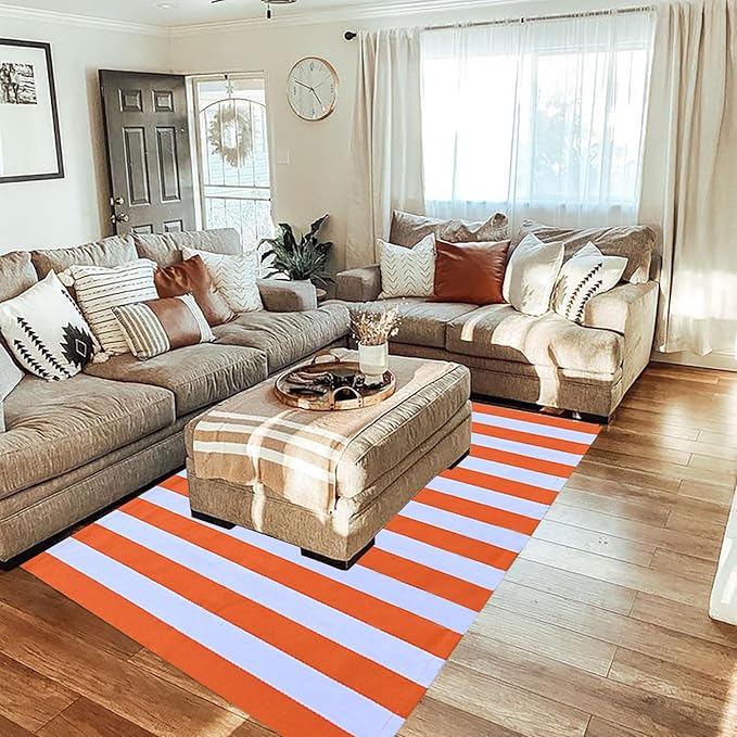 CAINANEL Fall Outdoor Rug Orange and White Striepd Rug Front Door Mat Halloween Thanksgiving Fall Autumn Home Decor, Layerd Welcome Doormat for Front Porch Decor, Front Door, Farmhouse Decor