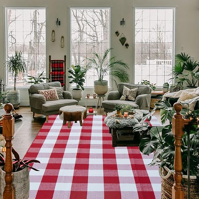 Buffalo Plaid Outdoor Rug, 4' x 6' Red&White Christmas Check Indoor/Outdoor Area Rug, Layering Rug for Hello/Welcome Door Mat, Machine Washable Cotton Woven Rug for Farmhouse Front Porch, Entryway