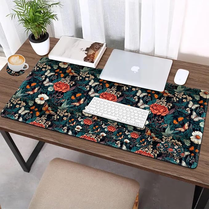 AIMSA XXL Large Gaming Mouse Pad Set with Wrist Rest, Retro Floral Butterfly Pattern, Multicolor, Fabric, Memory Foam, 4 in 1 Combo, Ultra-smooth, Non-slip, Stitched Edges