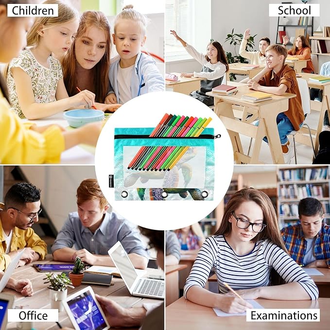 Sea Turtle Pencil Pouch for 3 Ring Binder, 2 Pack Waterproof Pencil Bags Clear Window Zipper School Office Supplies