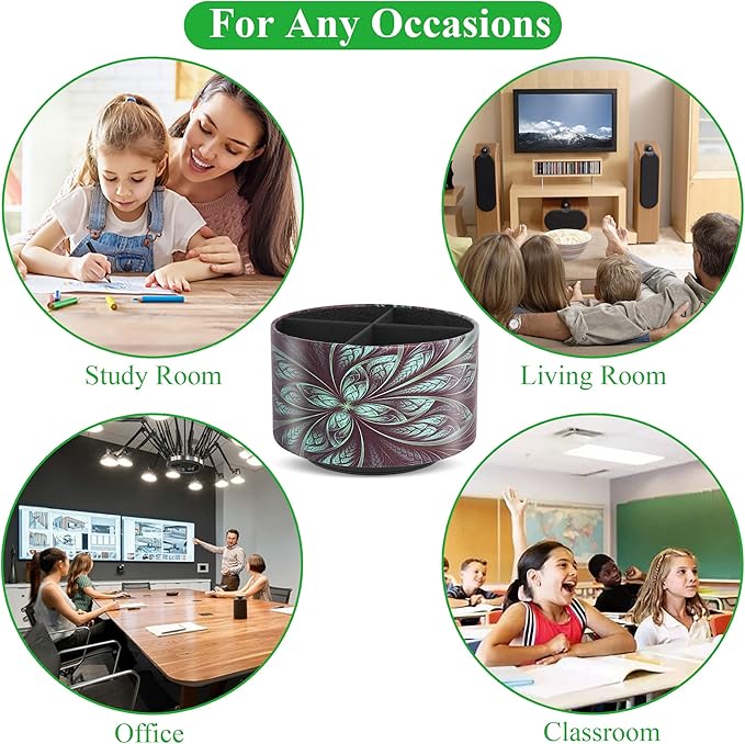 lizimandu Round Leather Art Supply Organizer,Remote Control Holder,360 Degree Rotating,Multi-Functional Pencil Holder,4 Compartments Desktop Stationary Organizer(1-Green Flower)