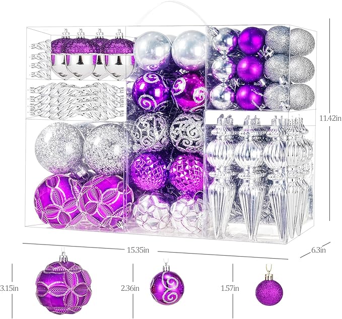 123pcs Christmas Ball Ornaments Set, Shatterproof Plastic Balls for Classic Xmas Decorations, Hanging Ornaments for Christmas Tree, Holiday, Bridal, Home Party, Purple and Silver