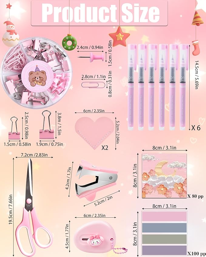 Pink Desk Accessories, 24Pcs Pink Office Supplies and Desk Organizers, with Tape Dispenser, Stapler, Staple Remover, Ect, Christmas Gifts