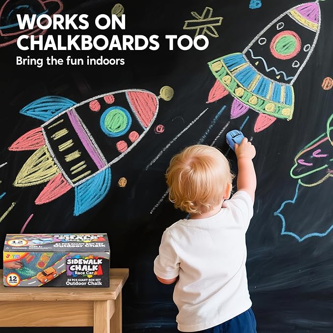 JOYIN 24PCS Race Car Sidewalk Chalk Bulk, Party Favors for Kids, Non Toxic Washable Jumbo Chalk,Toddler Outdoor Toys, Individually Wrapped, Birthday Gifts, Outside Toys (12 Colors)