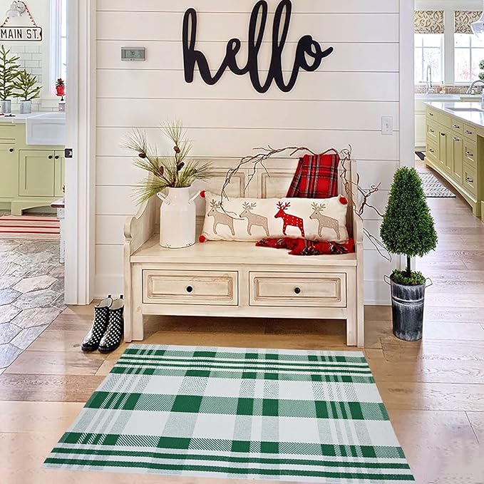 Christmas Door Mat Outdoor 27.5” x 43” Green and White Plaid Rug Christmas Decor Rug Cotton Hand-Woven Layered Door Mats Washable Carpet for Front Porch, Kitchen, Farmhouse, Entryway
